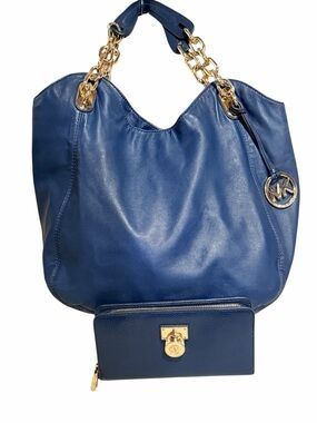 Michael Kors Navy Blue Leather Fulton Large Hobo Shoulder Bag & Wallet Set